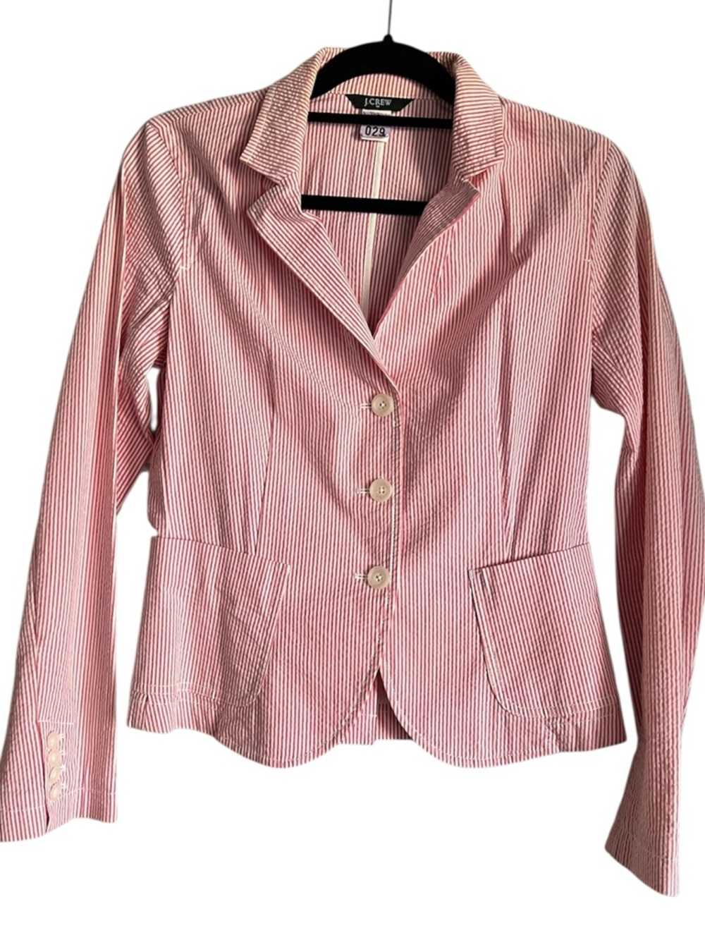 J Crew Seersucker Pink/White Stripe Lightweight Unlined Blazer Pristine Size 6